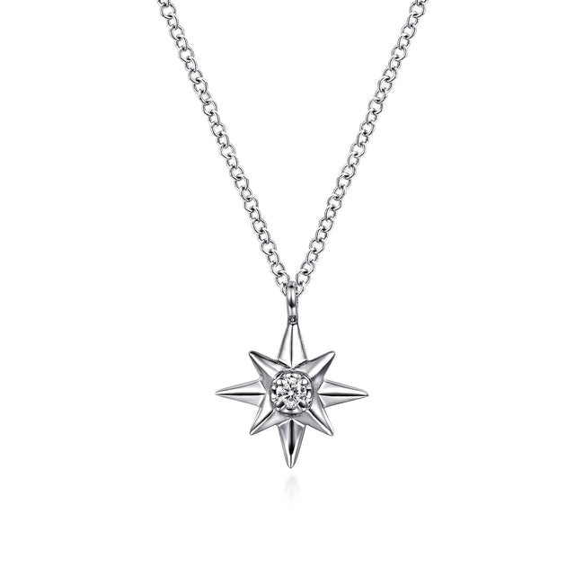 925 Sterling Silver Diamond Starburst Pendant Necklace