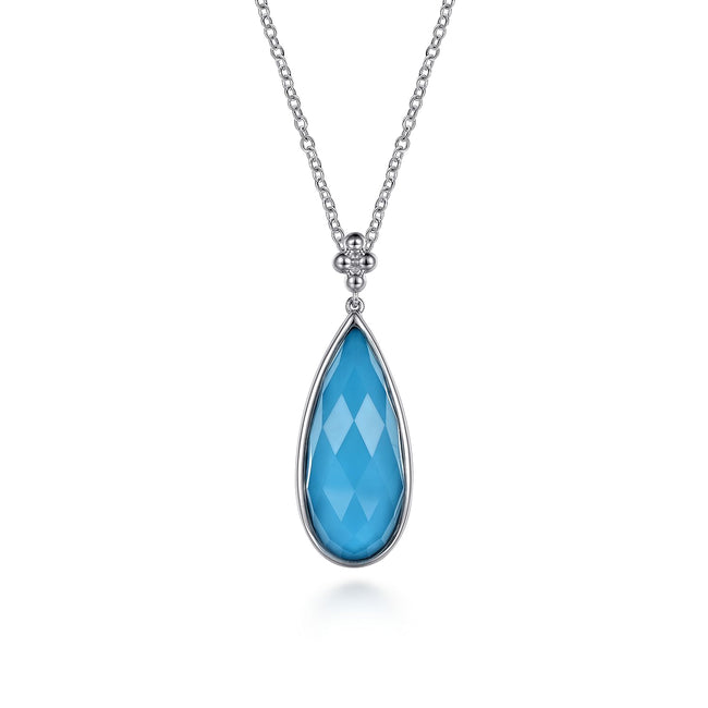 24 inch 925 Sterling Silver Faceted Rock Crystal & Turquoise Doublet Bujukan Teardrop Necklace