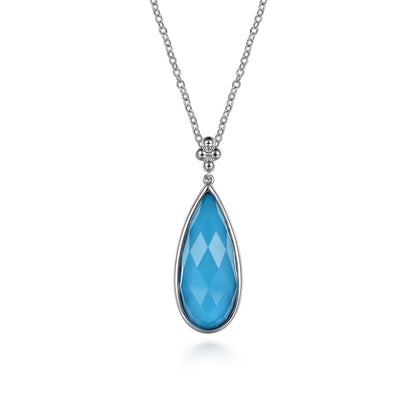 24 inch 925 Sterling Silver Faceted Rock Crystal & Turquoise Doublet Bujukan Teardrop Necklace