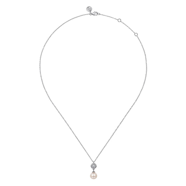 925 Sterling Silver White Sapphire and Round Pearl Bujukan Necklace