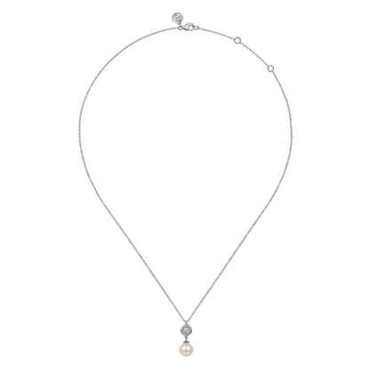 925 Sterling Silver White Sapphire and Round Pearl Bujukan Necklace