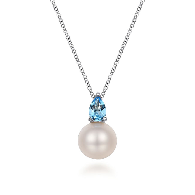 925 Sterling Silver Mother of Pearl and Blue Topaz Pendant Necklace