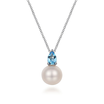 925 Sterling Silver Mother of Pearl and Blue Topaz Pendant Necklace
