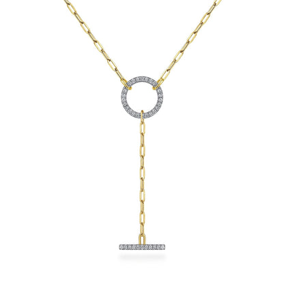 14K Yellow Gold Diamond Circle and Bar Y-Knot Necklace with Hollow Paperclip Chain