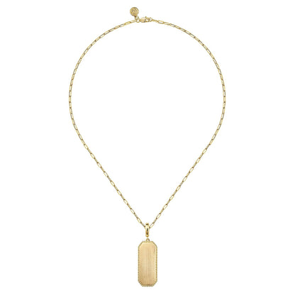14K Yellow Gold Elongated Dog Tag Pendant Hollow Chain Necklace