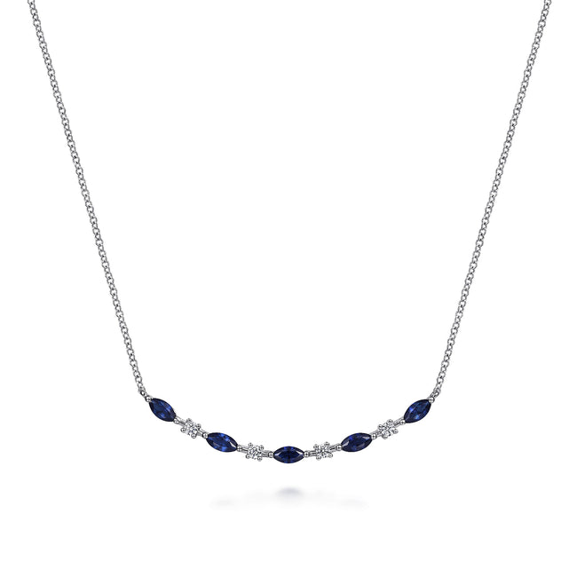 14K White Gold Diamond and Marquise Blue Sapphire Bar Necklace