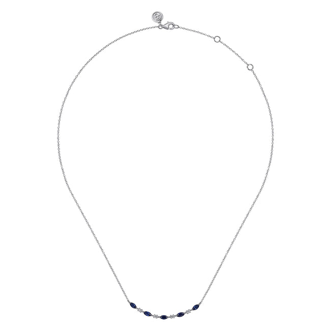 14K White Gold Diamond and Marquise Blue Sapphire Bar Necklace