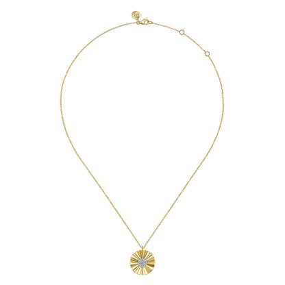 14K White and Yellow Gold Diamond Round Shape Necklace with Diamond Cut Texture