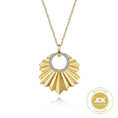 14K Yellow Gold Diamond Necklace With Diamond Cut Texture In Leaf Shape