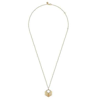 14K Yellow Gold Diamond Necklace With Diamond Cut Texture In Leaf Shape