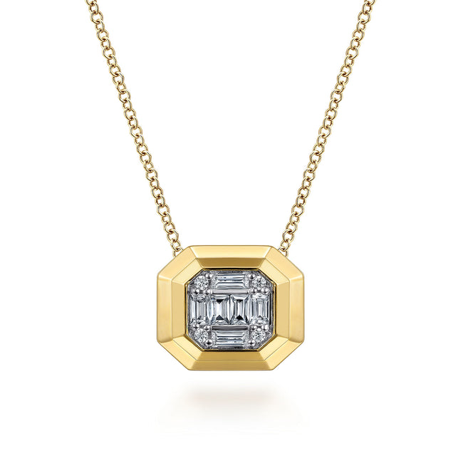 14K Yellow Gold Geometric Baguette and Round Diamond Pendant Necklace