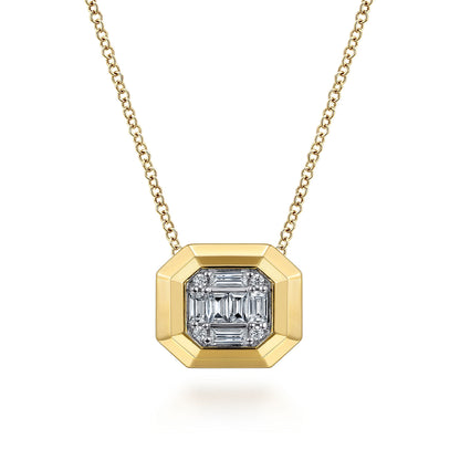 14K Yellow Gold Geometric Baguette and Round Diamond Pendant Necklace