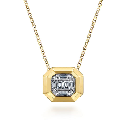 14K Yellow Gold Geometric Baguette and Round Diamond Pendant Necklace