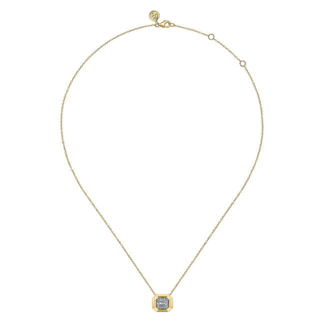 14K Yellow Gold Geometric Baguette and Round Diamond Pendant Necklace
