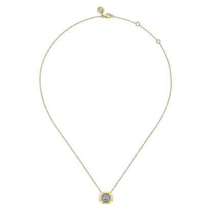 14K Yellow Gold Geometric Baguette and Round Diamond Pendant Necklace