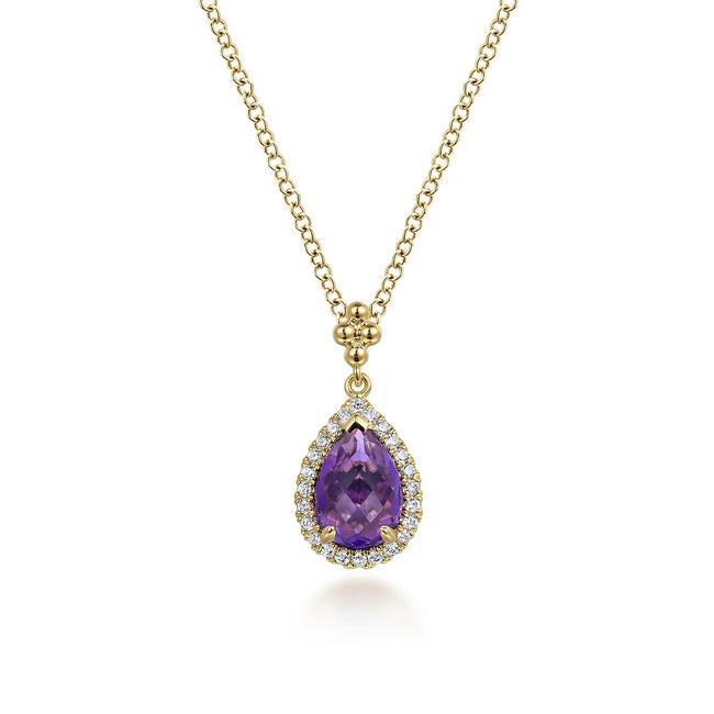 14K Yellow Gold Teardrop Amethyst with Diamond Halo Necklace