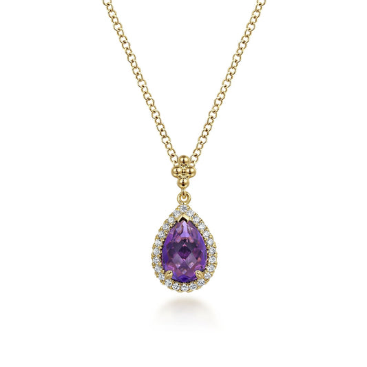 14K Yellow Gold Teardrop Amethyst with Diamond Halo Necklace