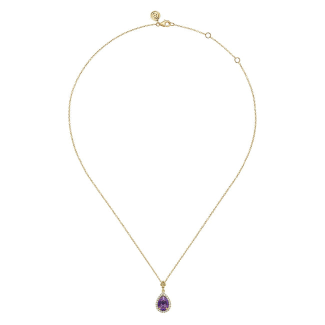 14K Yellow Gold Teardrop Amethyst with Diamond Halo Necklace