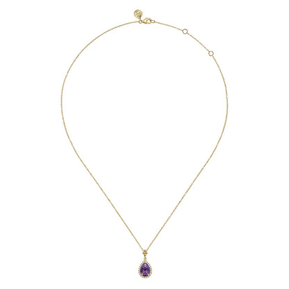 14K Yellow Gold Teardrop Amethyst with Diamond Halo Necklace