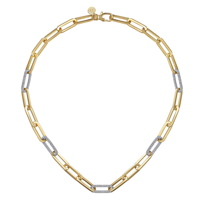 14K Yellow-White Paper Clip Chain Necklace with Diamond Stations
