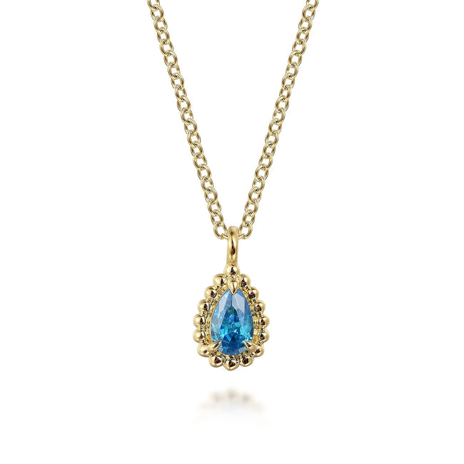 14K Yellow Gold London Blue Topaz Bujukan Teardrop Pendant Necklace
