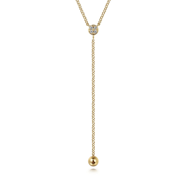 14K Yellow Gold Diamond Y-Knot Necklace with Hollow Gold Bead