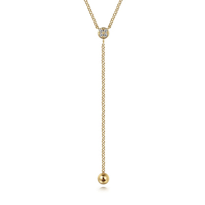 14K Yellow Gold Diamond Y-Knot Necklace with Hollow Gold Bead