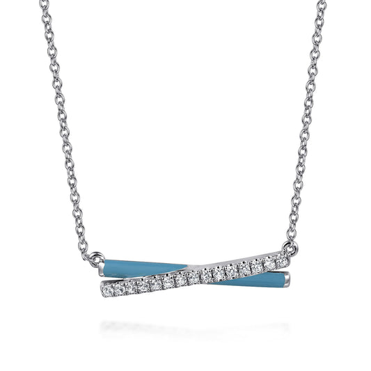 925 Sterling Silver White Sapphire Criss Cross Bar Necklace with Dusk Blue Enamel