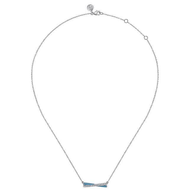 925 Sterling Silver White Sapphire Criss Cross Bar Necklace with Dusk Blue Enamel