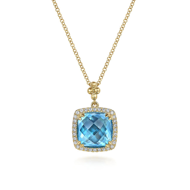 14K Yellow Gold Bujukan Cushion Blue Topaz with Diamond Halo Necklace
