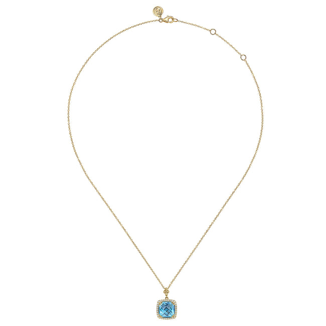14K Yellow Gold Bujukan Cushion Blue Topaz with Diamond Halo Necklace