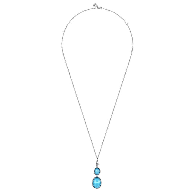 925 Sterling Silver Oval Shape Rock Crystal and Turquoise Bujukan Drop Necklace