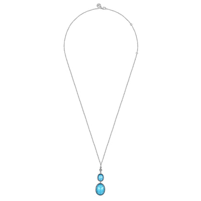 925 Sterling Silver Oval Shape Rock Crystal and Turquoise Bujukan Drop Necklace