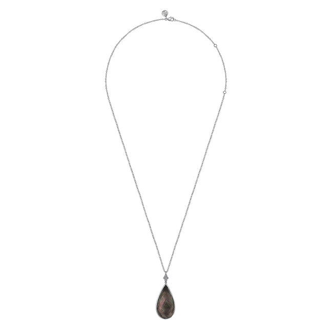 925 Sterling Silver Black Mother of Pear Boublet Bujukan Teardrop Necklace
