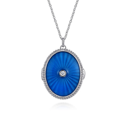 925 Sterling Silver White Sapphire Bujukan Locket Necklace with Dusk Blue Enamel