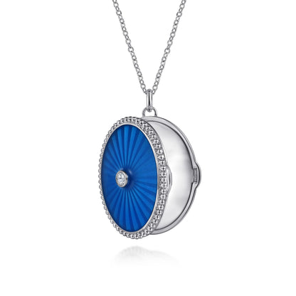 925 Sterling Silver White Sapphire Bujukan Locket Necklace with Dusk Blue Enamel