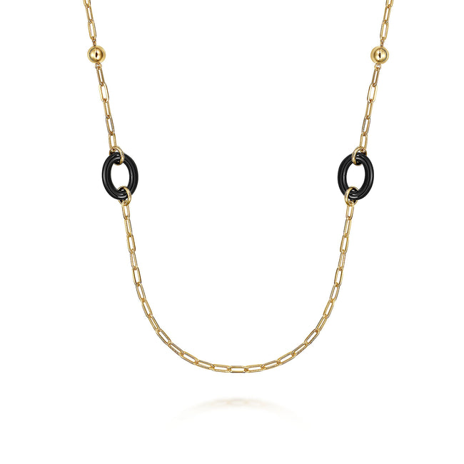 14K Yellow Gold Bujukan and Black Oval Ceramic Link Station Necklace