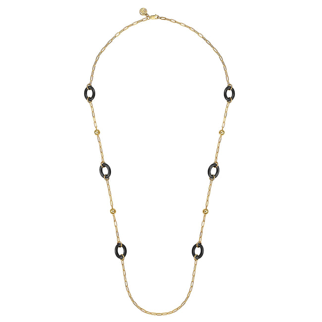 14K Yellow Gold Bujukan and Black Oval Ceramic Link Station Necklace