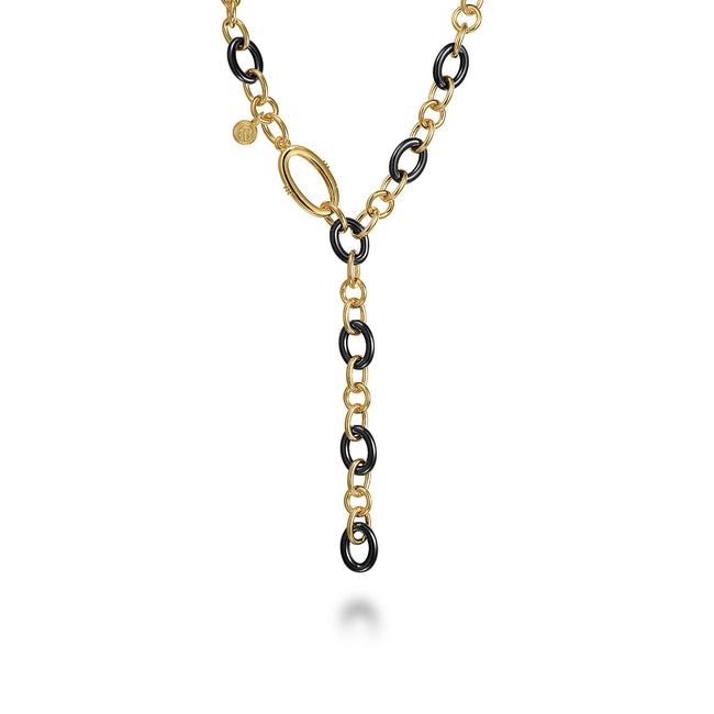14K Yellow Gold Hollow Tube and Black Oval Ceramic Y Knots Necklace
