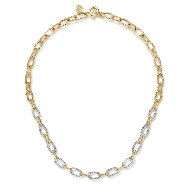 14K Yellow Gold Oval Link Chain Necklace with Pave Diamond Link Stations