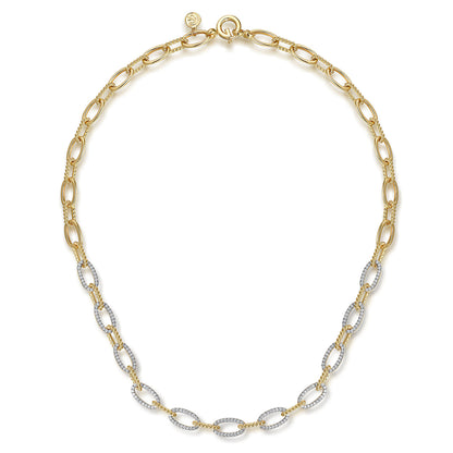 14K Yellow Gold Oval Link Chain Necklace with Pave Diamond Link Stations