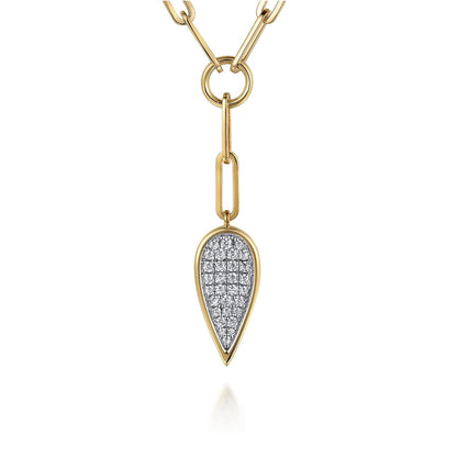 14K White and Yellow Gold Diamond Drop And Hollow Link Chain Y Knots Necklace