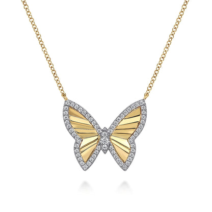 14K White and Yellow Gold Diamond Cut Butterfly Necklace
