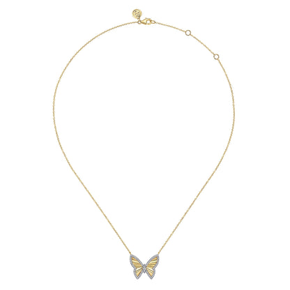 14K White and Yellow Gold Diamond Cut Butterfly Necklace