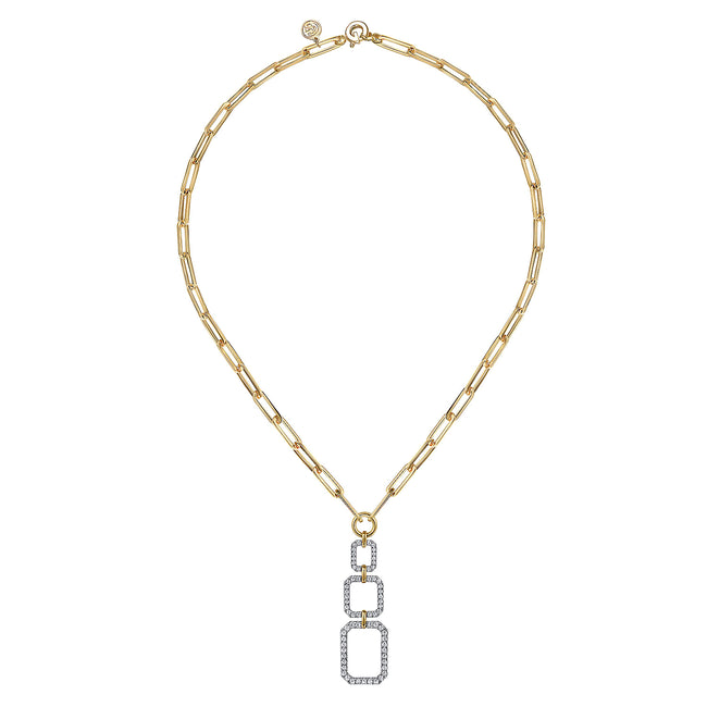 14K Yellow-White Chain Necklace with Geometric Pave Diamond Pendant