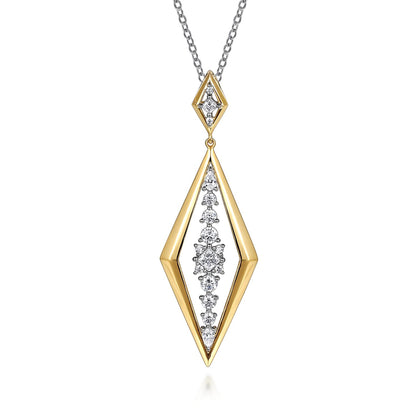 18K White and Yellow Gold Diamond Elongated Diamond Shape Drop Pendant Necklace
