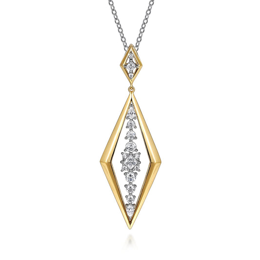 18K White and Yellow Gold Diamond Elongated Diamond Shape Drop Pendant Necklace