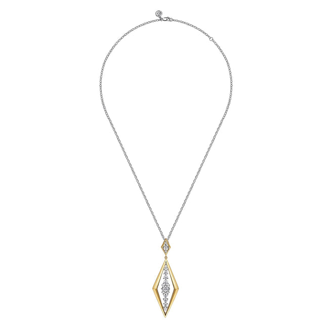 18K White and Yellow Gold Diamond Elongated Diamond Shape Drop Pendant Necklace