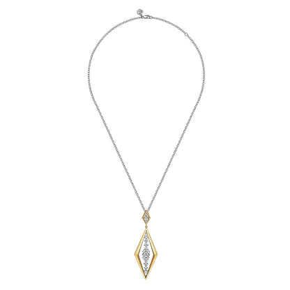 18K White and Yellow Gold Diamond Elongated Diamond Shape Drop Pendant Necklace