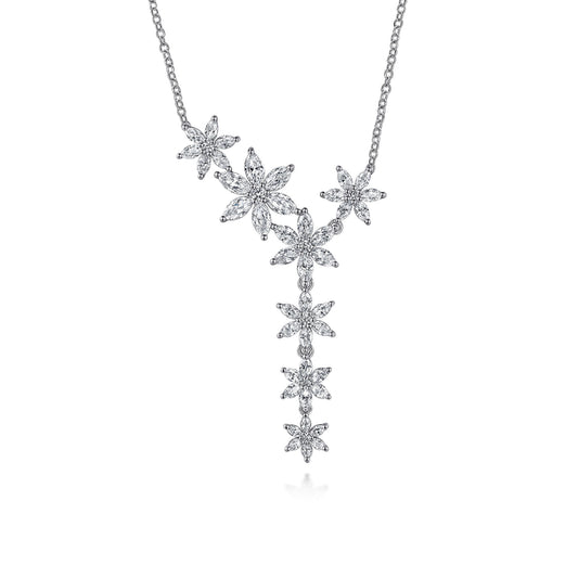 18K White Gold Diamond Floral Y Knots Necklace